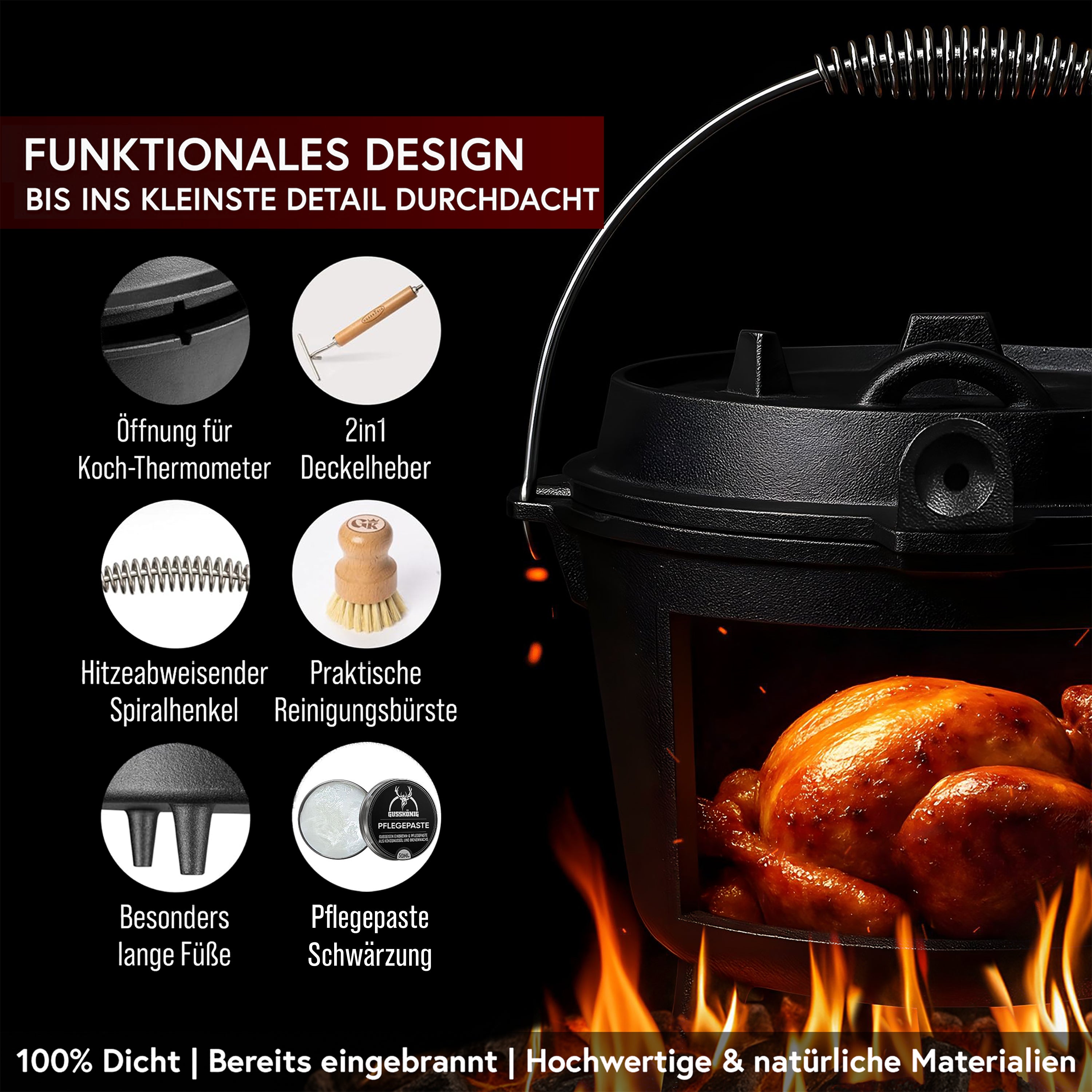 Gusskönig Dutch Oven Set – Eingebrannt (4,5 L, 7 L, 9 L, 12 L) - mit & ohne Fuß