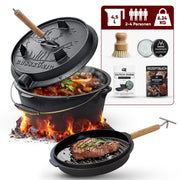 4,5 L mit Füße Eingebrannter Dutch Oven Set – inkl. 2in1 Deckelheber + Bürste + Pflegepaste + Rezeptbuch + Gebrauchsanweisung  – Schmortopf Doppelfunktion [für 2–4 Personen]