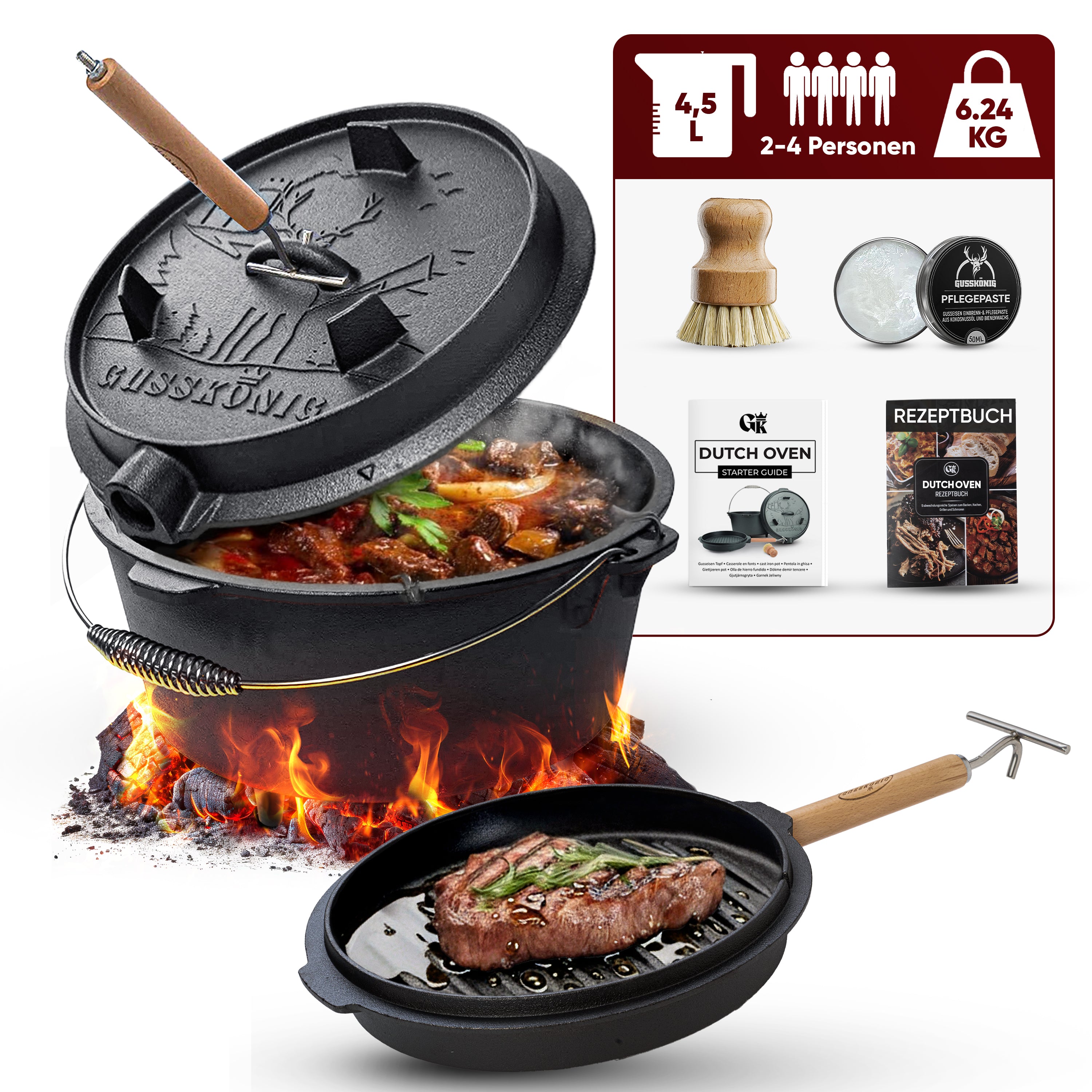 4,5 L mit Füße Eingebrannter Dutch Oven Set – inkl. 2in1 Deckelheber + Bürste + Pflegepaste + Rezeptbuch + Gebrauchsanweisung  – Schmortopf Doppelfunktion [für 2–4 Personen]
