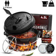 4,5L ohne Füße Klassisch Dutch Oven Set – inkl. Deckelheber + Edelstahl-Untersetzer + Pflegepaste + Rezeptbuch + Gebrauchsanweisung– Schmortopf Doppelfunktion [für 2-4 Personen]