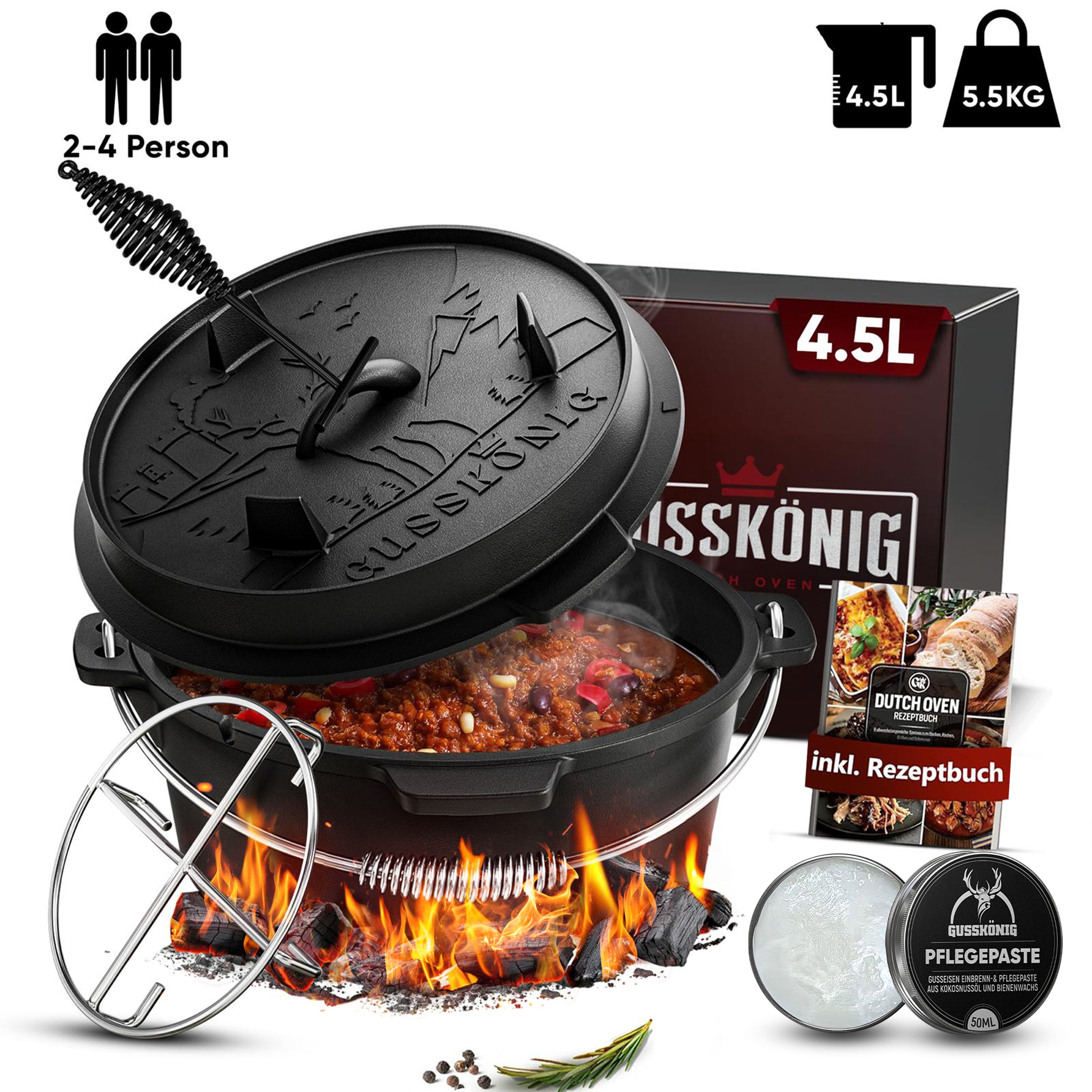 4,5L ohne Füße Klassisch Dutch Oven Set – inkl. Deckelheber + Edelstahl-Untersetzer + Pflegepaste + Rezeptbuch + Gebrauchsanweisung– Schmortopf Doppelfunktion [für 2-4 Personen]