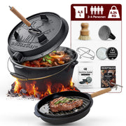 4,5 L ohne Füße Eingebrannter Dutch Oven Set – inkl. 2in1 Deckelheber + Untersetzer + Schrubber + Pflegepaste + Bürste + Rezeptbuch + Gebrauchsanweisung – Schmortopf Doppelfunktion [für 2–4 Personen]