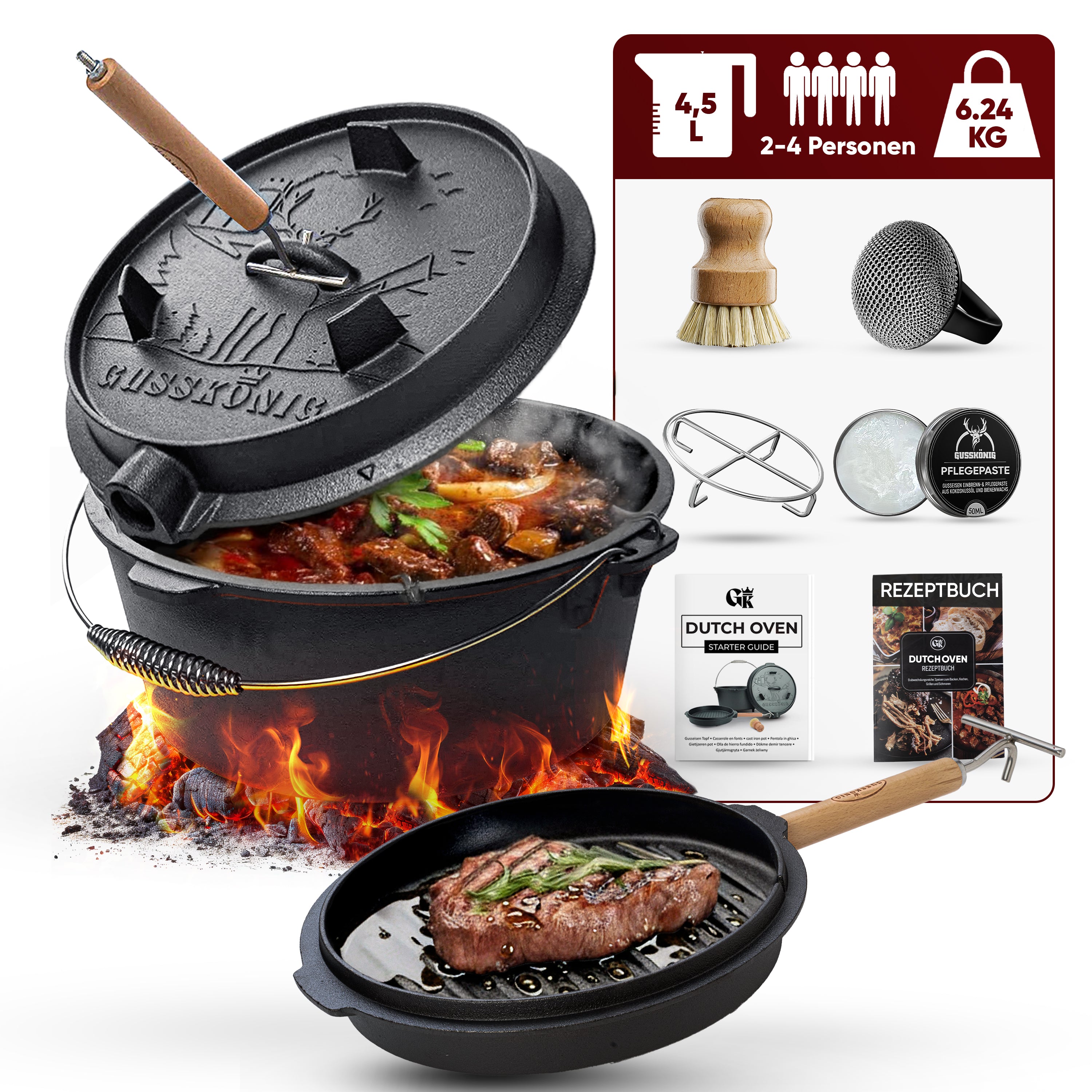 4,5 L ohne Füße Eingebrannter Dutch Oven Set – inkl. 2in1 Deckelheber + Untersetzer + Schrubber + Pflegepaste + Bürste + Rezeptbuch + Gebrauchsanweisung – Schmortopf Doppelfunktion [für 2–4 Personen]