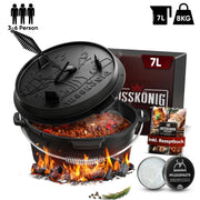 7 L mit Füße Klassisch Dutch Oven Set – inkl. Deckelheber + Pflegepaste + Rezeptbuch + Gebrauchsanweisung – Schmortopf Doppelfunktion [für 3–6 Personen]