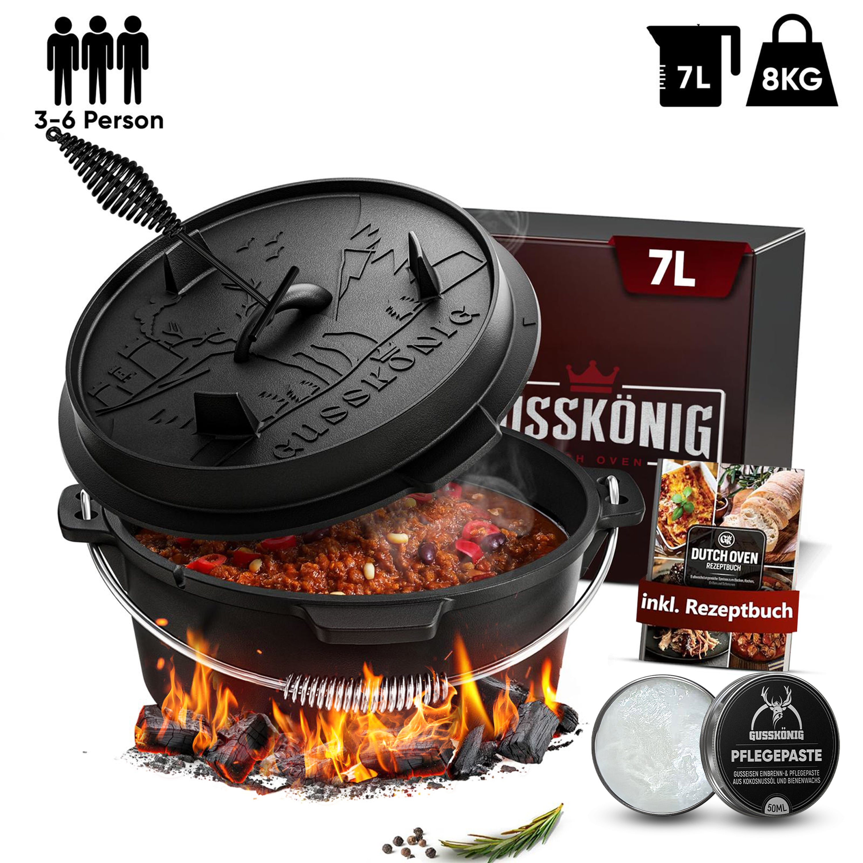 7 L mit Füße Klassisch Dutch Oven Set – inkl. Deckelheber + Pflegepaste + Rezeptbuch + Gebrauchsanweisung – Schmortopf Doppelfunktion [für 3–6 Personen]