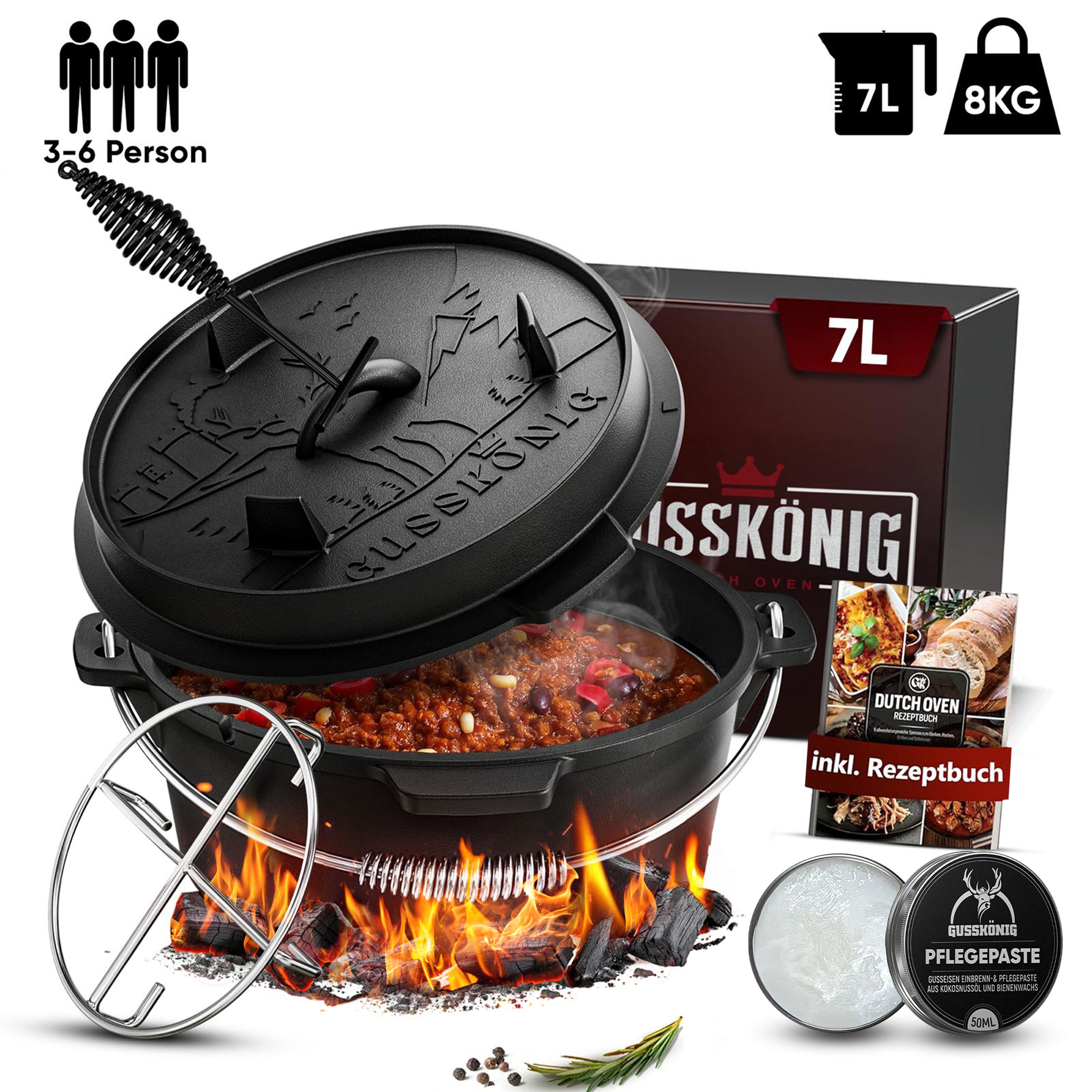 7L ohne Füße Klassisch Dutch Oven Set – inkl. Deckelheber + Edelstahl-Untersetzer + Pflegepaste + Rezeptbuch + Gebrauchsanweisung– Schmortopf Doppelfunktion [für 3-6 Personen]