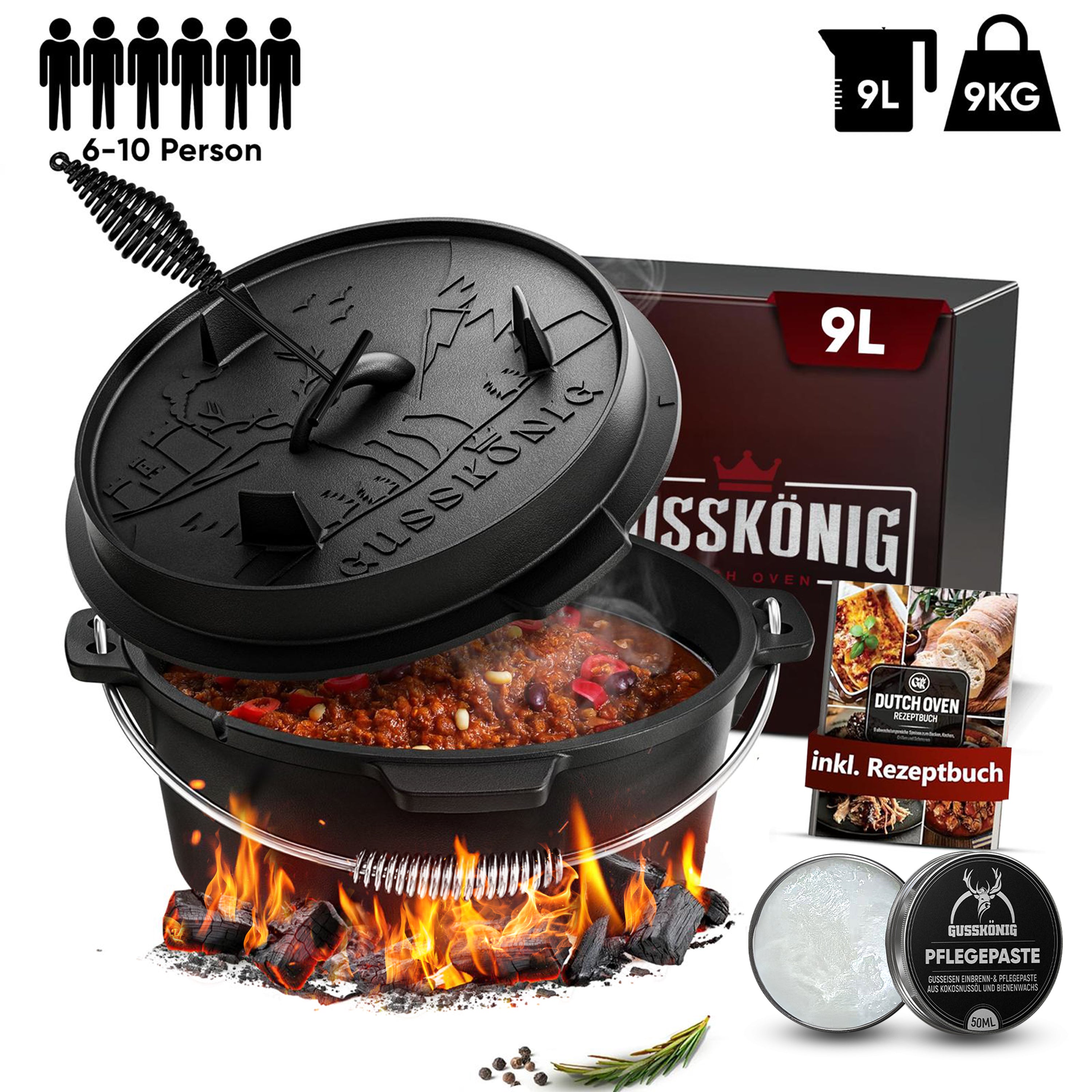 9 L ohne Füße Klassisch Dutch Oven Set – inkl. Deckelheber + Edelstahl-Untersetzer + Pflegepaste + Rezeptbuch + Gebrauchsanweisung– Schmortopf Doppelfunktion [für 6 -10 Personen]