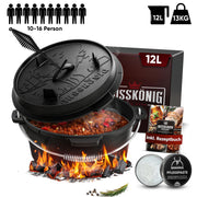 12 L mit Füße Klassisch Dutch Oven Set – inkl. Deckelheber + Pflegepaste + Rezeptbuch + Gebrauchsanweisung – Schmortopf Doppelfunktion [für 10 - 16 Personen]