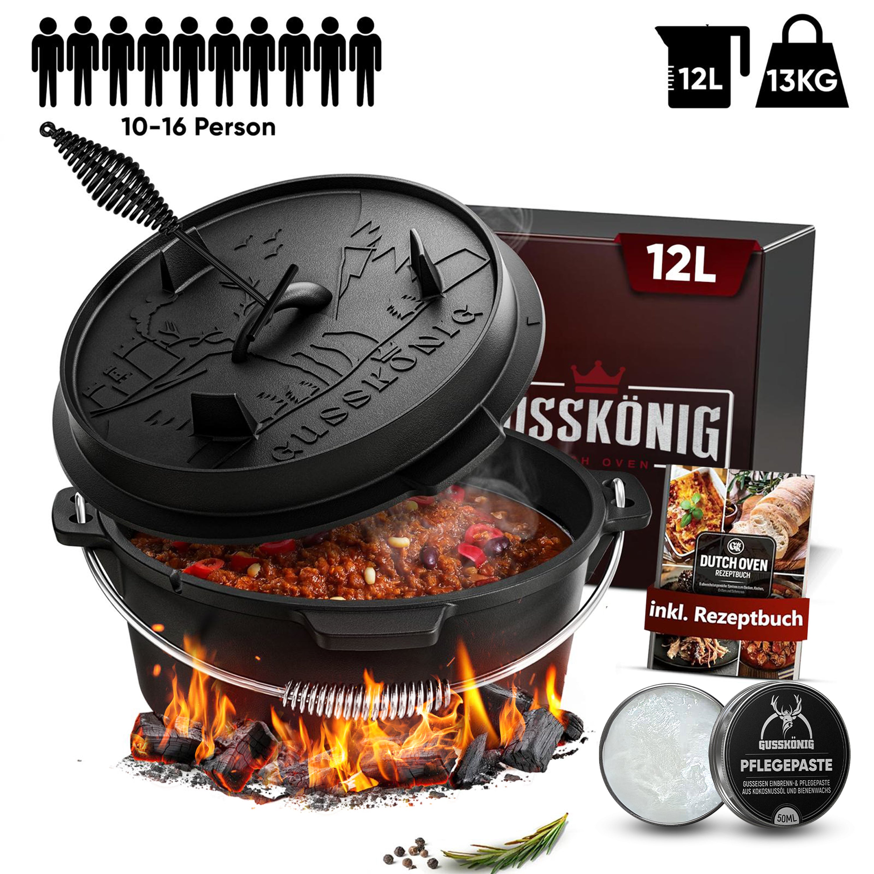 12 L mit Füße Klassisch Dutch Oven Set – inkl. Deckelheber + Pflegepaste + Rezeptbuch + Gebrauchsanweisung – Schmortopf Doppelfunktion [für 10 - 16 Personen]