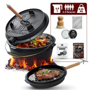 4,5 L mit Füße Eingebrannter Dutch Oven Set – inkl. 2in1 Deckelheber + Ringreiniger + Bürste + Pflegepaste + Rezeptbuch + Gebrauchsanweisung  – Schmortopf Doppelfunktion [für 2–4 Personen]