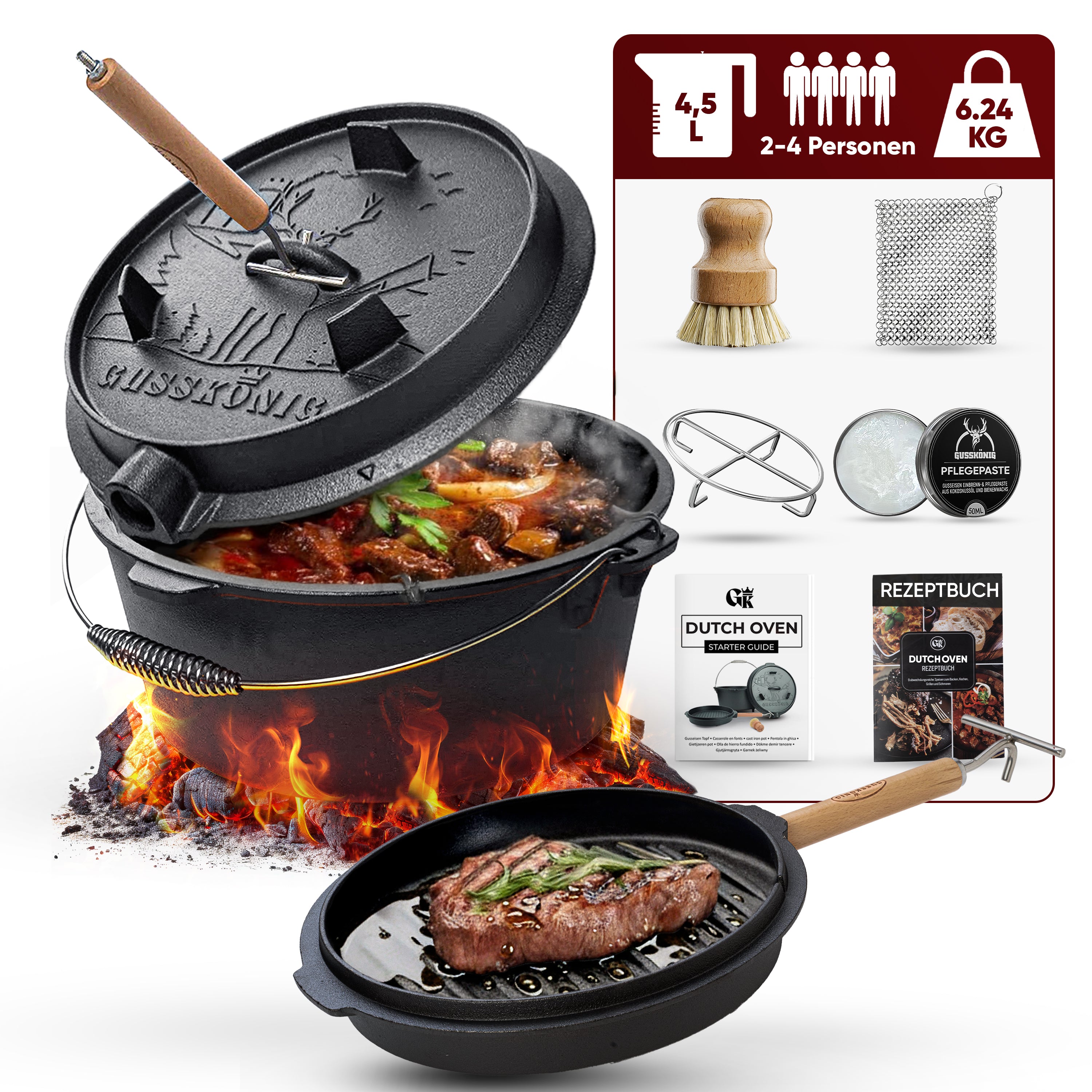 4,5 L ohne Füße Eingebrannter Dutch Oven Set – inkl. 2in1 Deckelheber + Untersetzer + Ringreiniger + Bürste + Pflegepaste + Rezeptbuch + Gebrauchsanweisung – Schmortopf Doppelfunktion [für 2–4 Personen]
