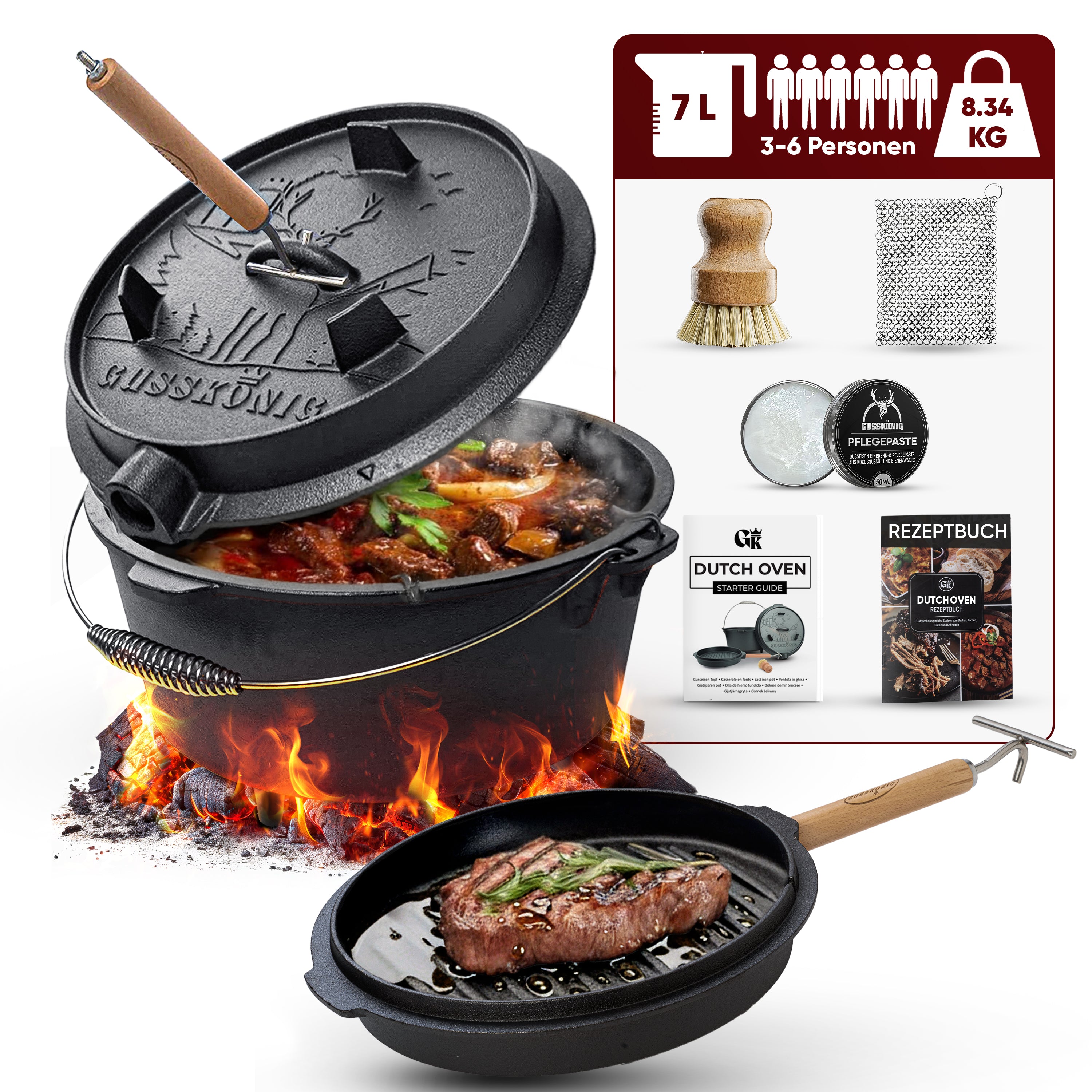 7 L mit Füße Eingebrannter Dutch Oven Set – inkl. 2in1 Deckelheber + Ringreiniger + Bürste + Pflegepaste + Rezeptbuch + Gebrauchsanweisung – Schmortopf Doppelfunktion [für 3–6 Personen]