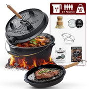 4,5 L ohne Füße Eingebrannter Dutch Oven Set – inkl. 2in1 Deckelheber + Untersetzer + Bürste + Pflegepaste + Rezeptbuch + Gebrauchsanweisung – Schmortopf Doppelfunktion [für 2–4 Personen]