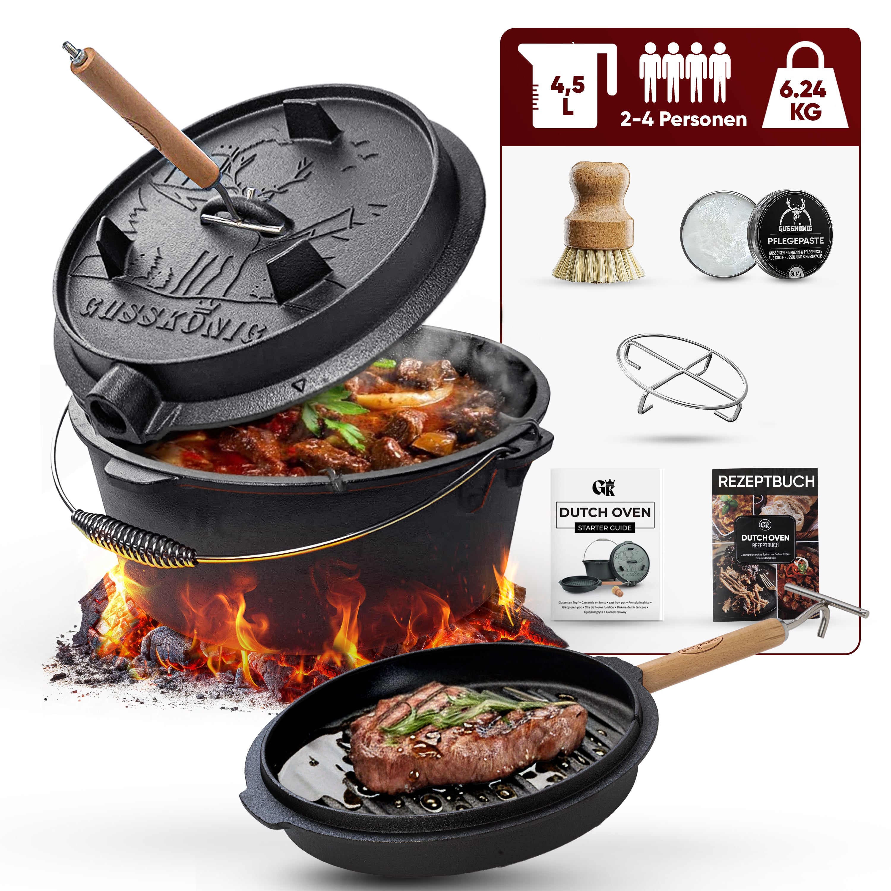 4,5 L ohne Füße Eingebrannter Dutch Oven Set – inkl. 2in1 Deckelheber + Untersetzer + Bürste + Pflegepaste + Rezeptbuch + Gebrauchsanweisung – Schmortopf Doppelfunktion [für 2–4 Personen]