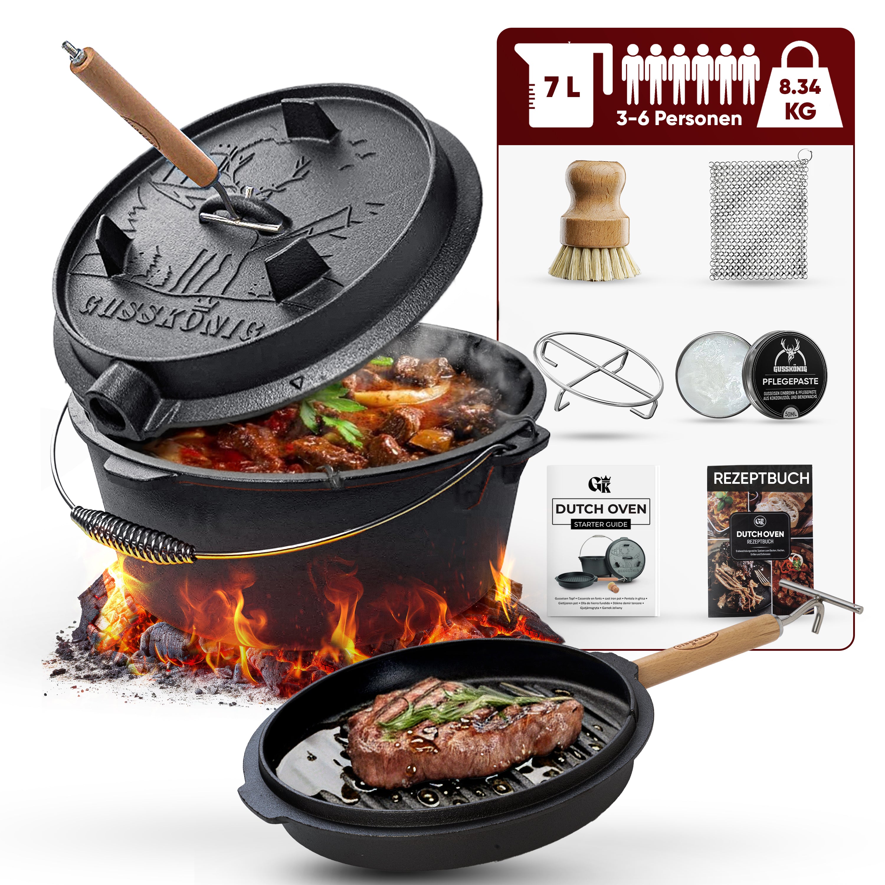7 L ohne Füße  Eingebrannter Dutch Oven Set – inkl. 2in1 Deckelheber + Untersetzer + Ringreiniger + Bürste + Pflegepaste + Rezeptbuch + Gebrauchsanweisung – Schmortopf Doppelfunktion [für 3–6 Personen]