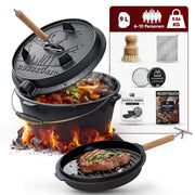 9 L mit Füße Eingebrannter Dutch Oven Set – inkl. 2in1 Deckelheber + Ringreiniger + Bürste + Pflegepaste + Rezeptbuch + Gebrauchsanweisung – Schmortopf Doppelfunktion [für 6–10 Personen]