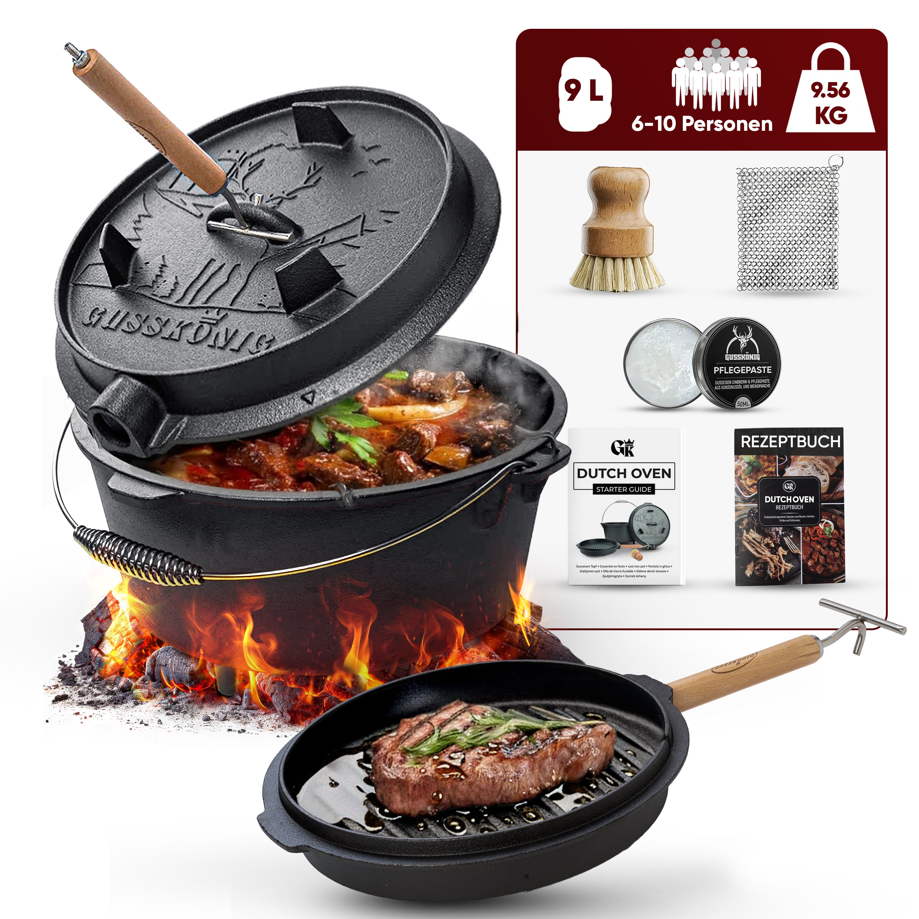 9 L mit Füße Eingebrannter Dutch Oven Set – inkl. 2in1 Deckelheber + Ringreiniger + Bürste + Pflegepaste + Rezeptbuch + Gebrauchsanweisung – Schmortopf Doppelfunktion [für 6–10 Personen]