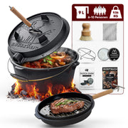 9 L ohne Füße Eingebrannter Dutch Oven Set – inkl. 2in1 Deckelheber + Untersetzer + Ringreiniger + Bürste + Pflegepaste + Rezeptbuch + Gebrauchsanweisung  – Schmortopf Doppelfunktion