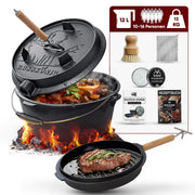 12 L mit Füße Eingebrannter Dutch Oven Set  – inkl. 2in1 Deckelheber + Ringreiniger + Bürste + Pflegepaste + Rezeptbuch + Gebrauchsanweisung – Schmortopf Doppelfunktion [für 10-16 Personen]