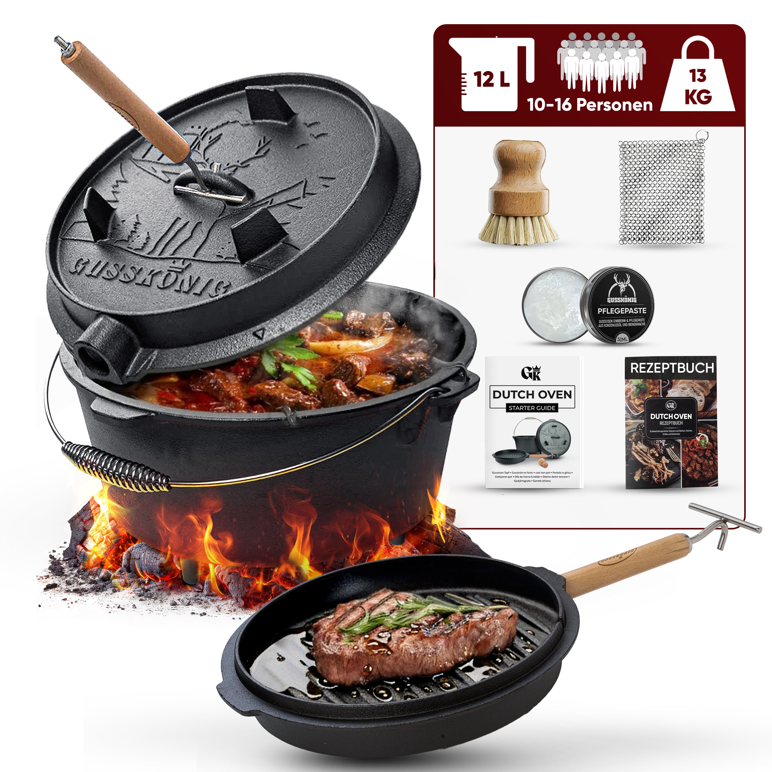 12 L mit Füße Eingebrannter Dutch Oven Set  – inkl. 2in1 Deckelheber + Ringreiniger + Bürste + Pflegepaste + Rezeptbuch + Gebrauchsanweisung – Schmortopf Doppelfunktion [für 10-16 Personen]