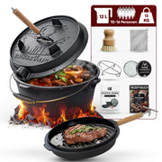 12 L ohne Füße Eingebrannter Dutch Oven Set – inkl. 2in1 Deckelheber + Untersetzer + Ringreiniger + Bürste + Pflegepaste + Rezeptbuch + Gebrauchsanweisung – Schmortopf Doppelfunktion  [für 10-16 Personen]