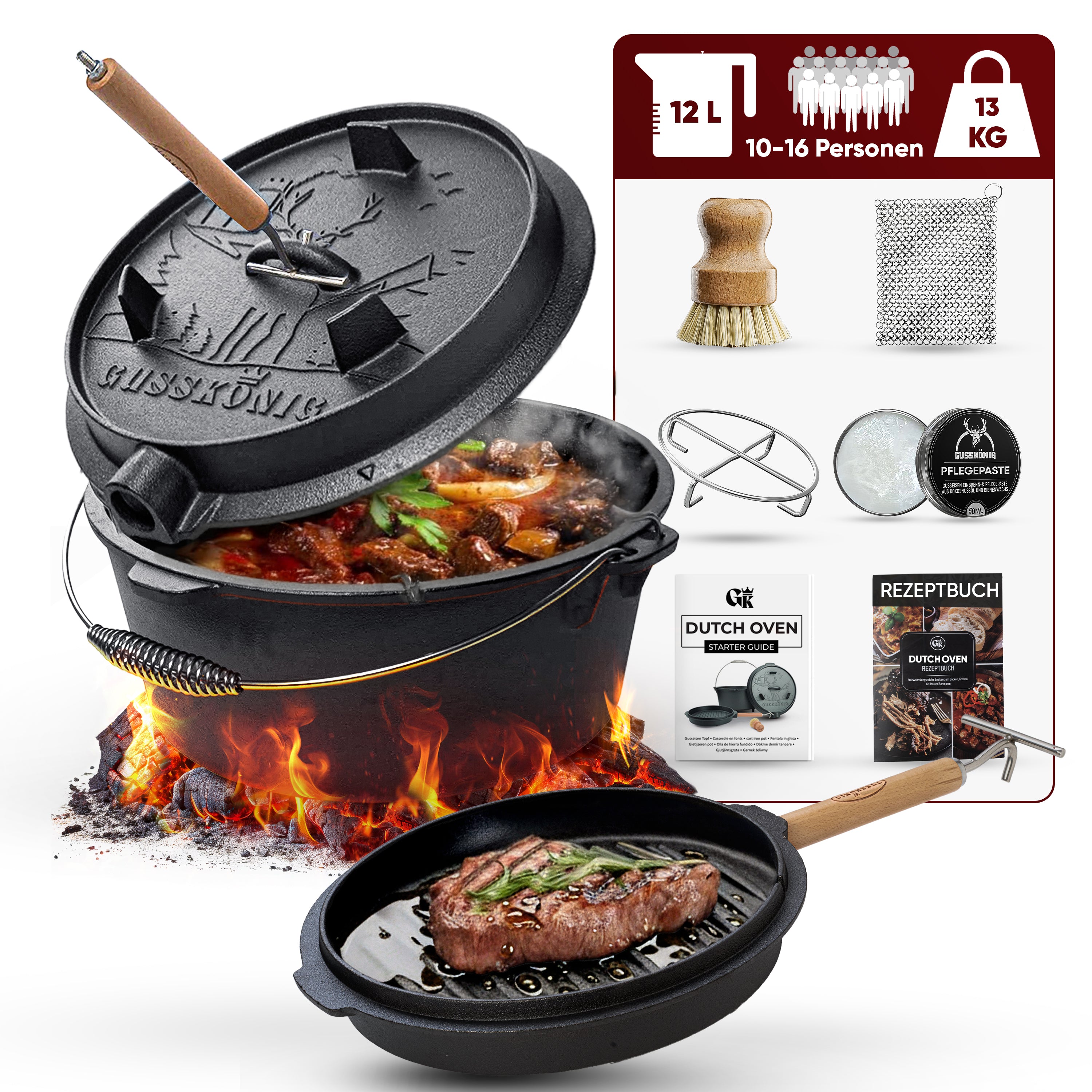 12 L ohne Füße Eingebrannter Dutch Oven Set – inkl. 2in1 Deckelheber + Untersetzer + Ringreiniger + Bürste + Pflegepaste + Rezeptbuch + Gebrauchsanweisung – Schmortopf Doppelfunktion  [für 10-16 Personen]