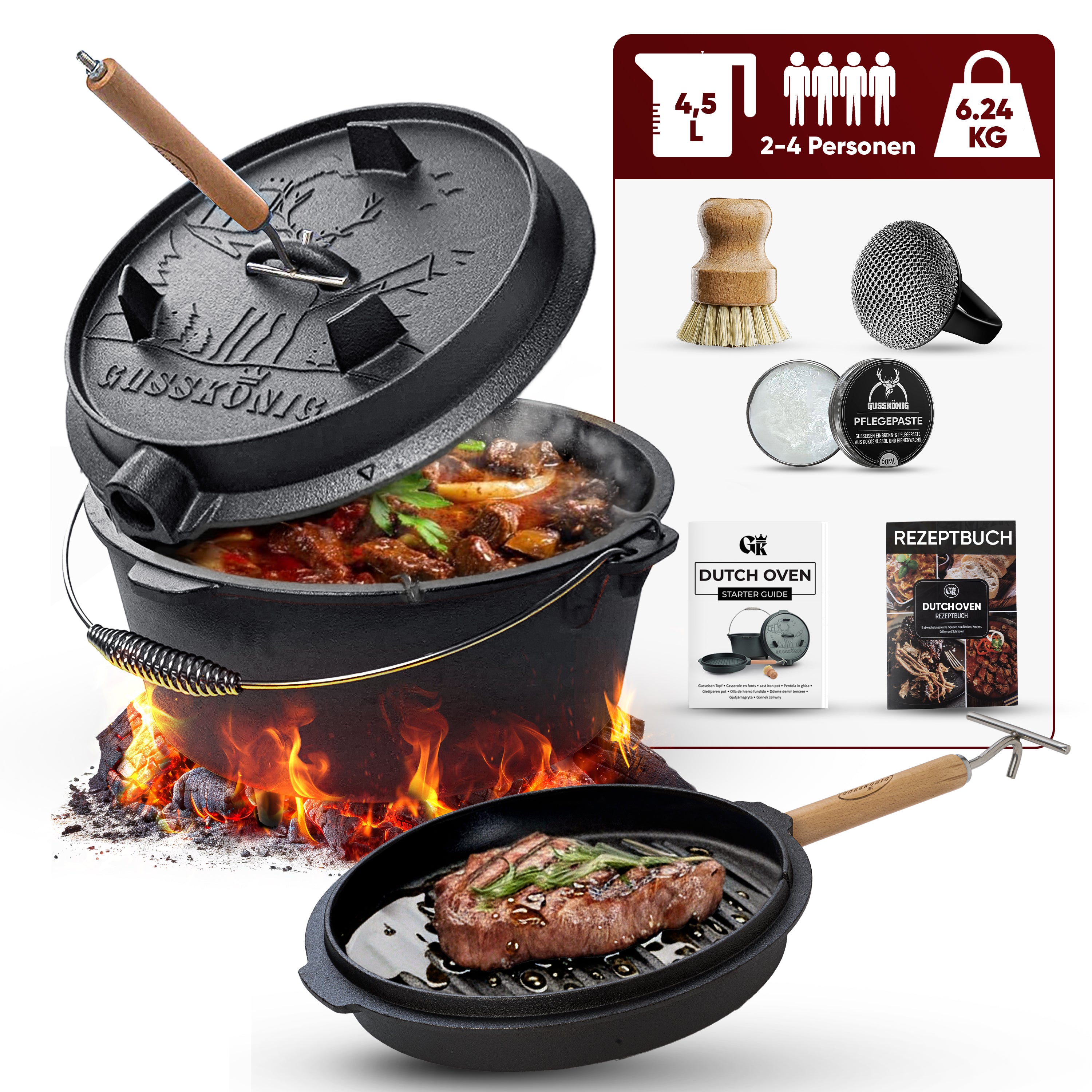 4,5 L mit Füße Eingebrannter Dutch Oven Set – inkl. 2in1 Deckelheber + Schrubber + Pflegepaste +  Bürste + Rezeptbuch + Gebrauchsanweisung – Schmortopf Doppelfunktion [für 2–4 Personen]