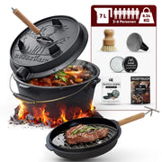 7 L mit Füße Eingebrannter Dutch Oven Set – inkl. 2in1 Deckelheber + Schrubber + Pflegepaste + Bürste + Rezeptbuch + Gebrauchsanweisung – Schmortopf Doppelfunktion [für 3–6 Personen]