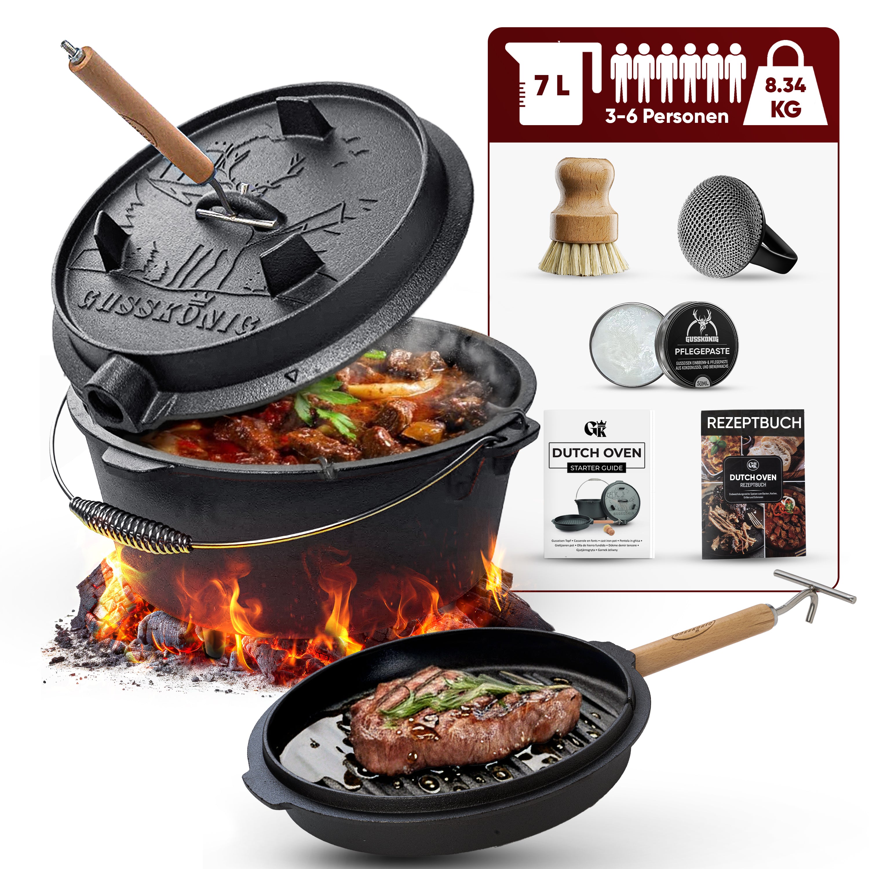 7 L mit Füße Eingebrannter Dutch Oven Set – inkl. 2in1 Deckelheber + Schrubber + Pflegepaste + Bürste + Rezeptbuch + Gebrauchsanweisung – Schmortopf Doppelfunktion [für 3–6 Personen]