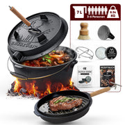 7 L ohne Füße  Eingebrannter Dutch Oven Set – inkl. 2in1 Deckelheber + Untersetzer + Schrubber + Pflegepaste + Bürste + Rezeptbuch + Gebrauchsanweisung – Schmortopf Doppelfunktion [für 3–6 Personen]