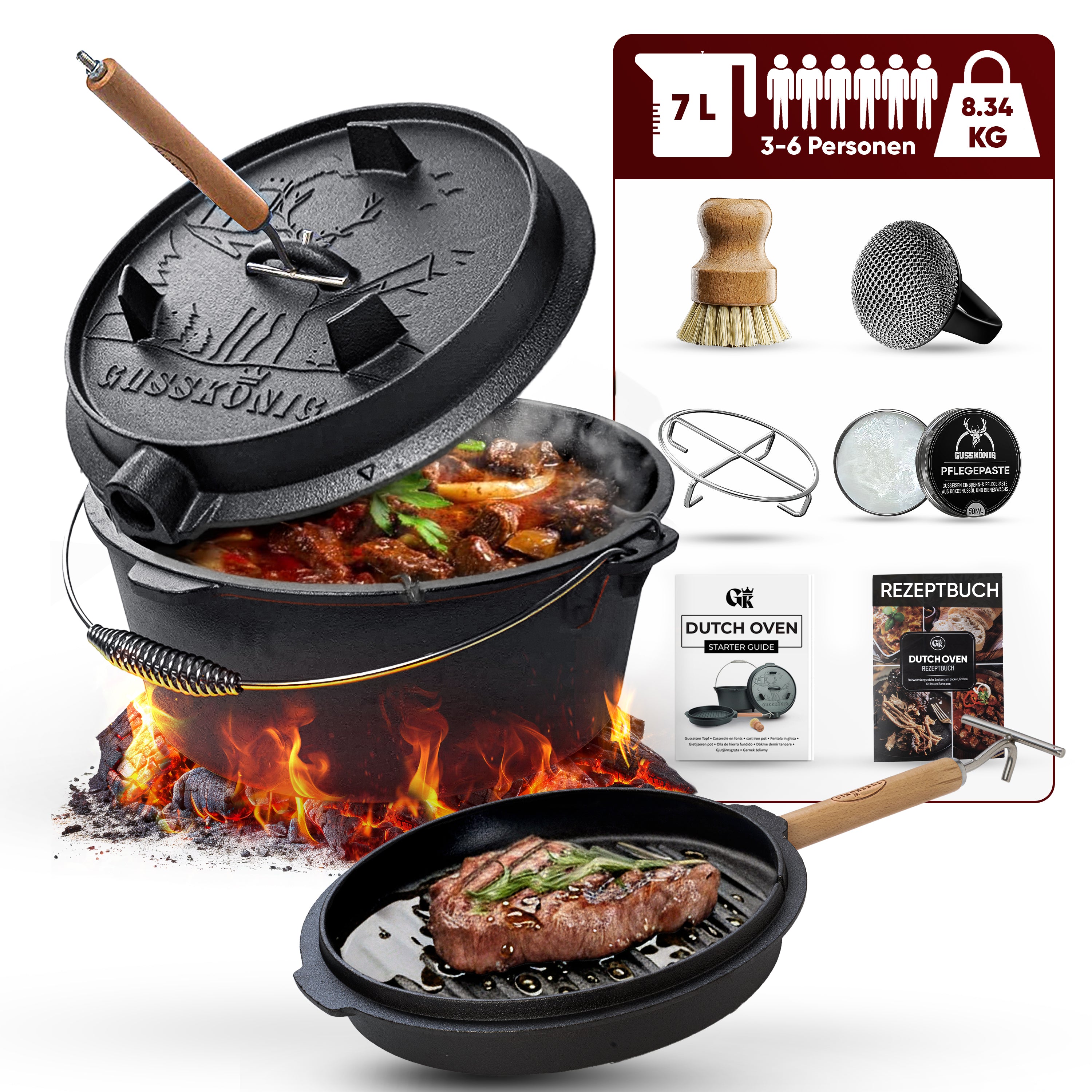7 L ohne Füße  Eingebrannter Dutch Oven Set – inkl. 2in1 Deckelheber + Untersetzer + Schrubber + Pflegepaste + Bürste + Rezeptbuch + Gebrauchsanweisung – Schmortopf Doppelfunktion [für 3–6 Personen]
