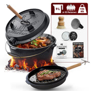 9 L mit Füße Eingebrannter Dutch Oven Set  – inkl. 2in1 Deckelheber + Schrubber + Pflegepaste + Bürste + Rezeptbuch + Gebrauchsanweisung – Schmortopf Doppelfunktion [für 6-10 Personen]