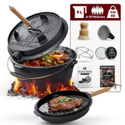 9 L ohne Füße Eingebrannter Dutch Oven Set – inkl. 2in1 Deckelheber + Untersetzer + Schrubber + Pflegepaste + Bürste + Rezeptbuch + Gebrauchsanweisung – Schmortopf Doppelfunktion [für 6-10 Personen]