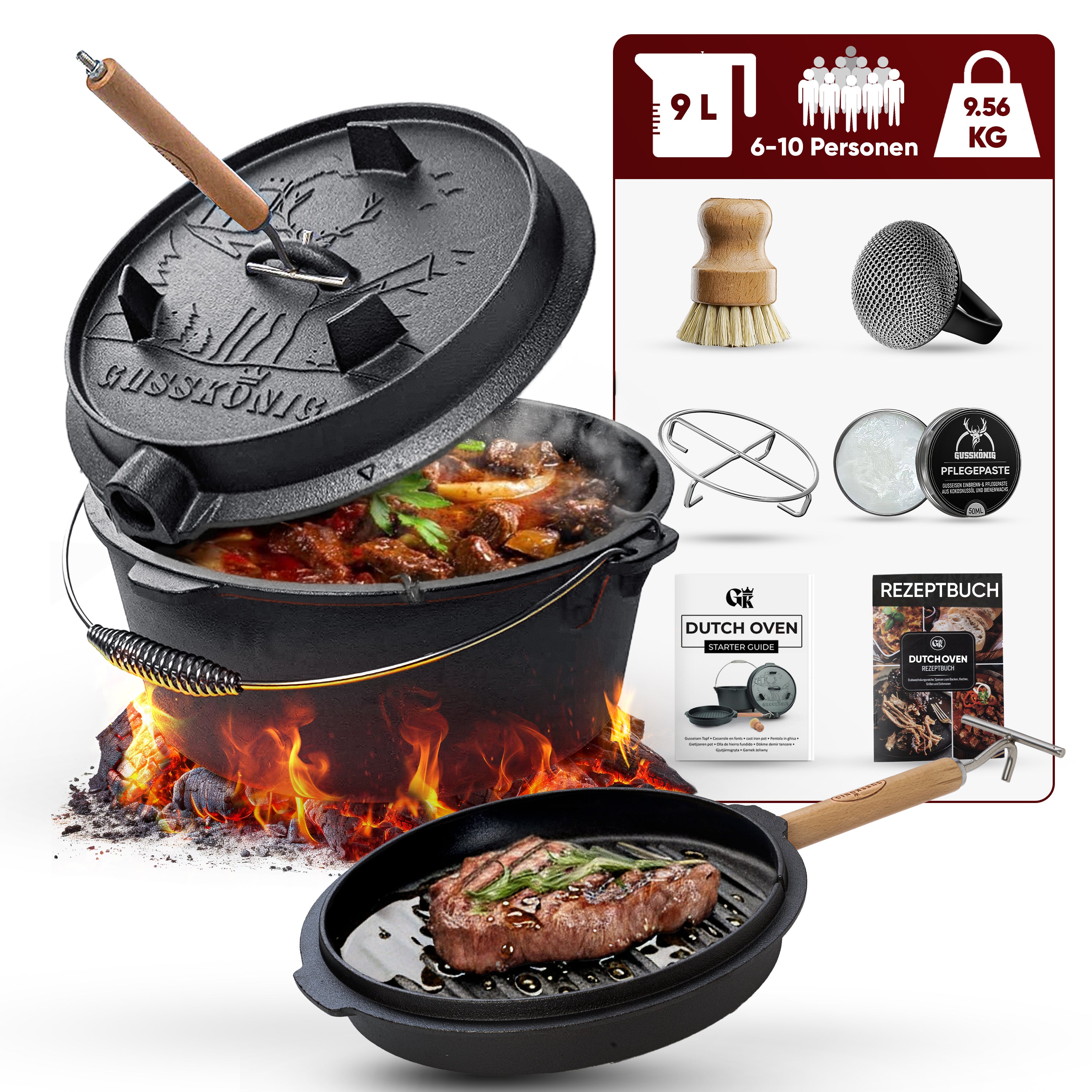9 L ohne Füße Eingebrannter Dutch Oven Set – inkl. 2in1 Deckelheber + Untersetzer + Schrubber + Pflegepaste + Bürste + Rezeptbuch + Gebrauchsanweisung – Schmortopf Doppelfunktion [für 6-10 Personen]