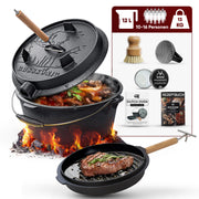 12 L mit Füße Eingebrannter Dutch Oven Set – inkl. 2in1 Deckelheber + Schrubber + Pflegepaste + Bürste + Rezeptbuch + Gebrauchsanweisung – Schmortopf Doppelfunktion [für 10-16 Personen]