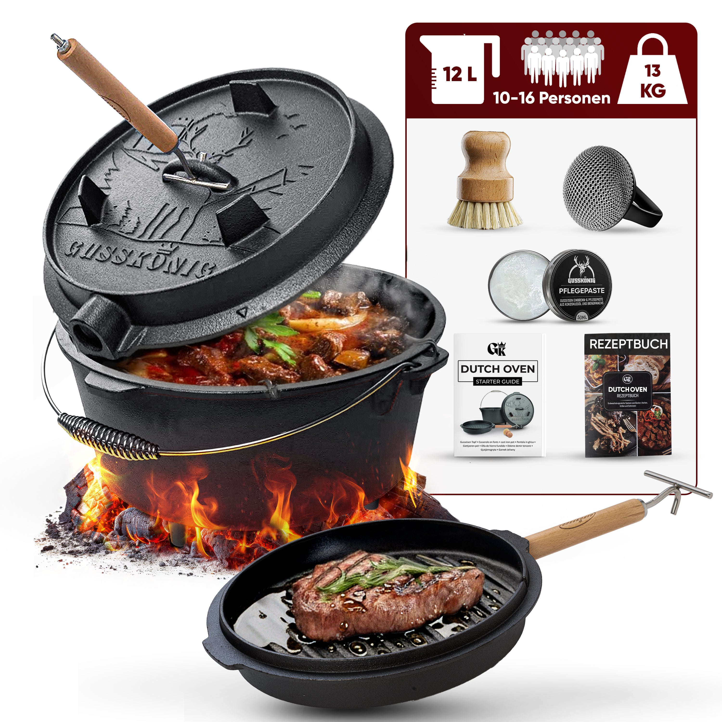 12 L mit Füße Eingebrannter Dutch Oven Set – inkl. 2in1 Deckelheber + Schrubber + Pflegepaste + Bürste + Rezeptbuch + Gebrauchsanweisung – Schmortopf Doppelfunktion [für 10-16 Personen]