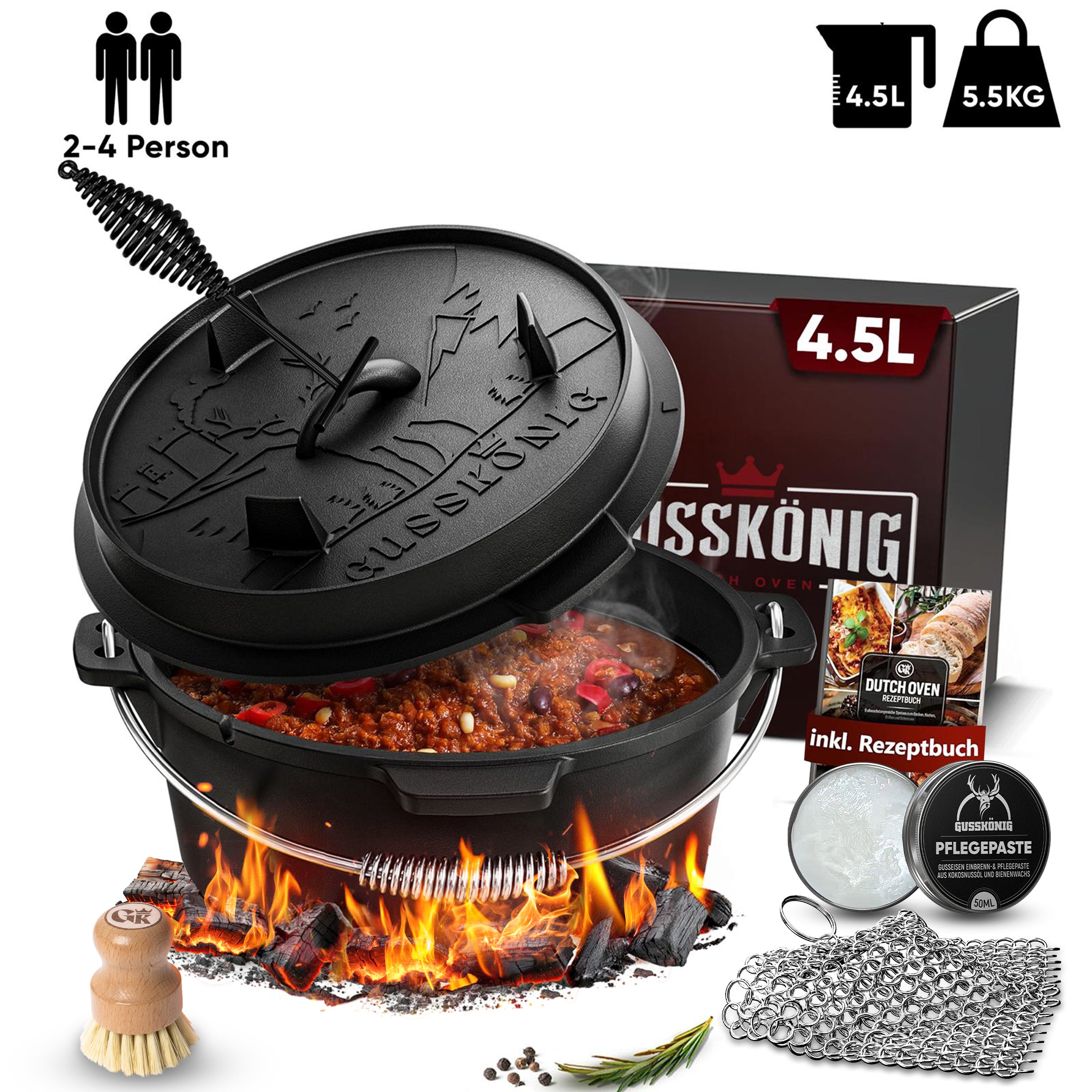 4,5 L mit Füße Klassisch Dutch Oven Set – inkl. Deckelheber + Ringreiniger + Bürste + Pflegepaste + Rezeptbuch + Gebrauchsanweisung – Schmortopf Doppelfunktion [für 2–4 Personen]