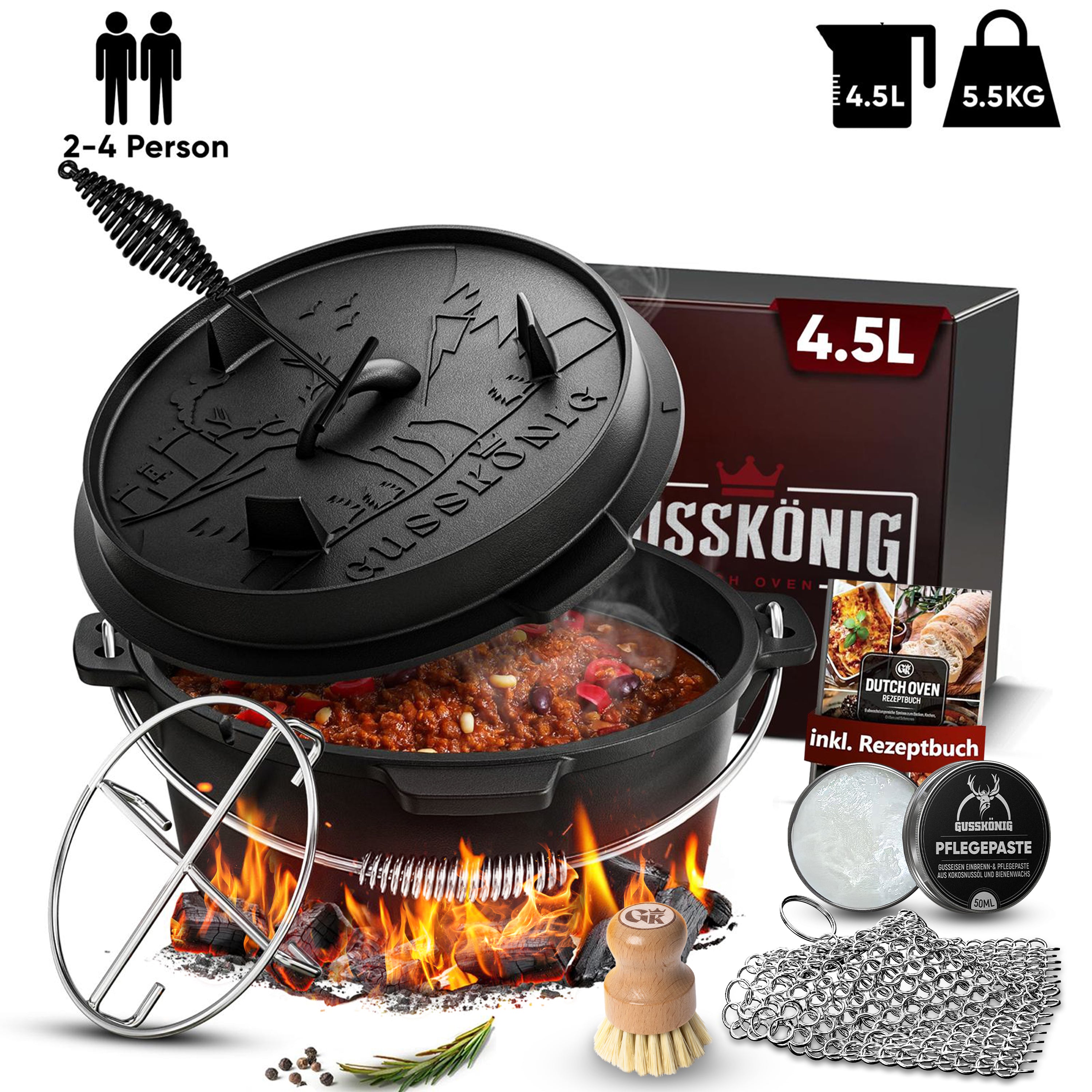 4,5L ohne Füße Klassisch Dutch Oven Set – inkl. Deckelheber + Edelstahl-Untersetzer + Ringreiniger + Bürste + Pflegepaste + Rezeptbuch + Gebrauchsanweisung– Schmortopf Doppelfunktion [für 2-4 Personen]