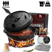 7 L mit Füße Klassisch Dutch Oven Set – inkl. Deckelheber + Ringreiniger + Bürste + Pflegepaste + Rezeptbuch + Gebrauchsanweisung – Schmortopf Doppelfunktion [für 3–6 Personen]