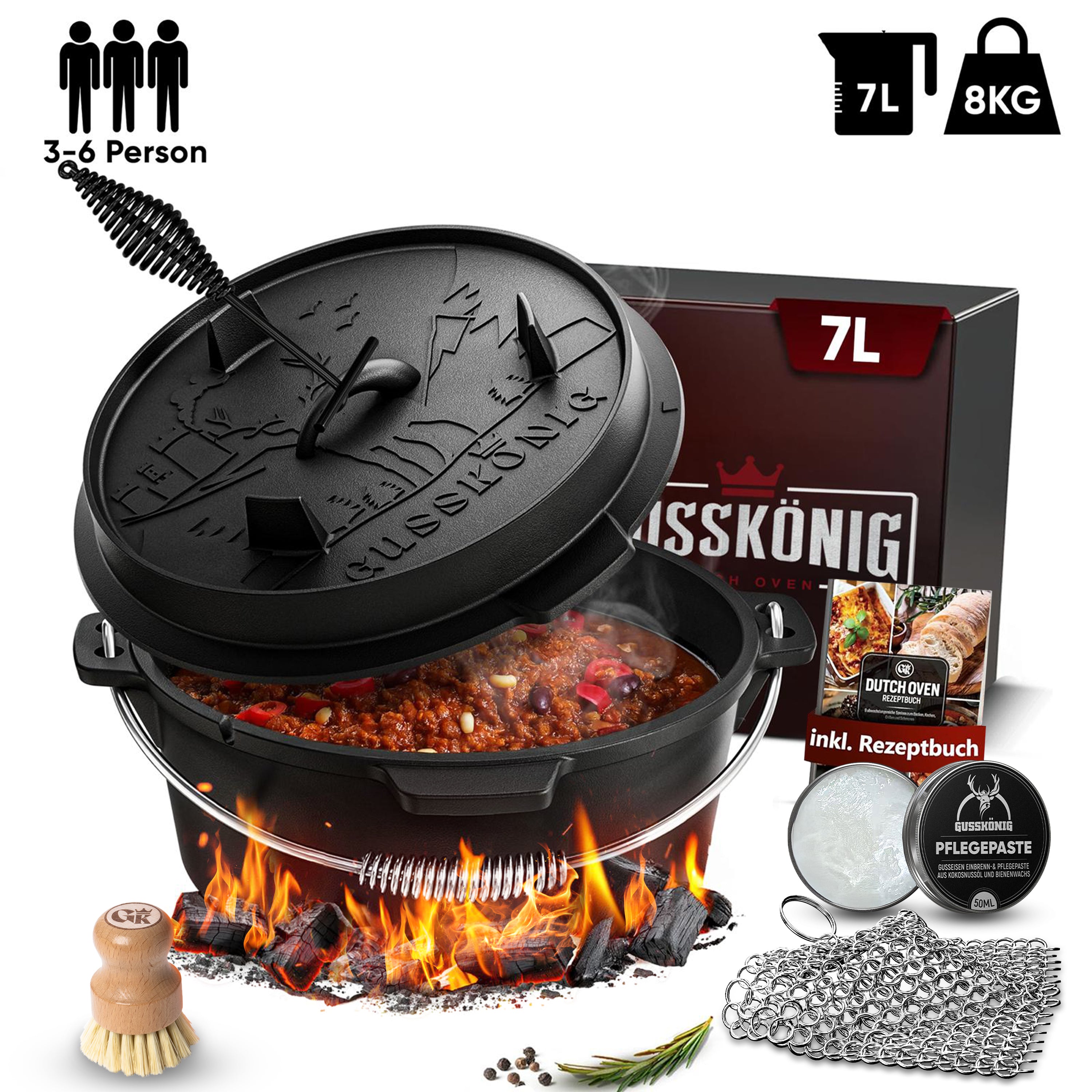 7 L mit Füße Klassisch Dutch Oven Set – inkl. Deckelheber + Ringreiniger + Bürste + Pflegepaste + Rezeptbuch + Gebrauchsanweisung – Schmortopf Doppelfunktion [für 3–6 Personen]