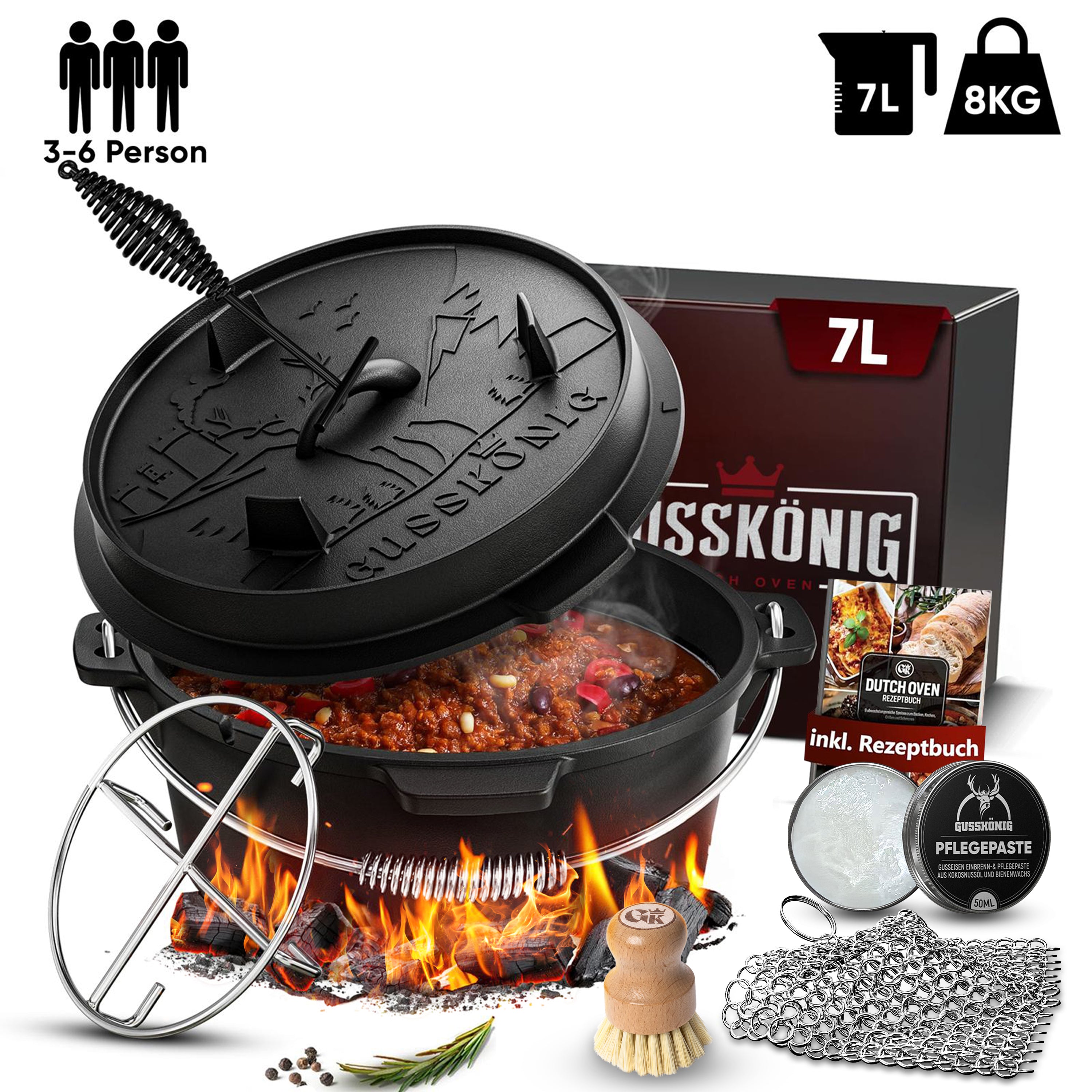 7L ohne Füße Klassisch Dutch Oven Set – inkl. Deckelheber + Edelstahl-Untersetzer + Ringreiniger+ Bürste + Pflegepaste + Rezeptbuch + Gebrauchsanweisung– Schmortopf Doppelfunktion [für 3-6 Personen]