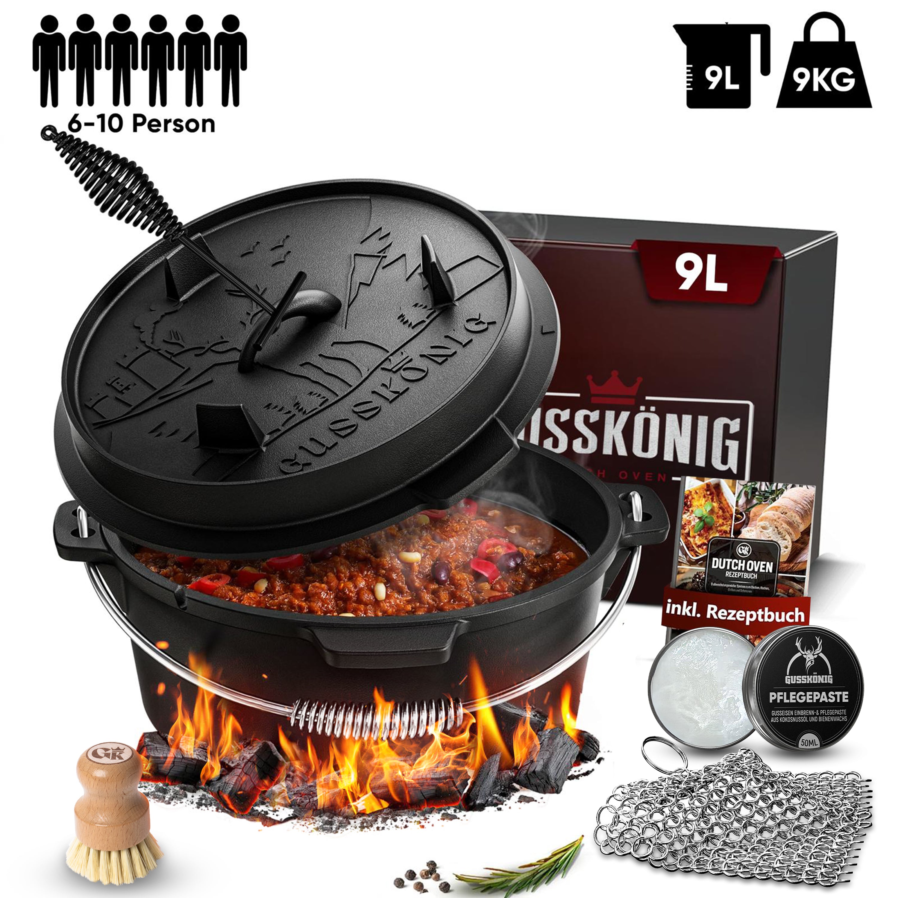 9 L mit Füße Klassisch Dutch Oven Set – inkl. Deckelheber + Ringreiniger + Bürste + Pflegepaste + Rezeptbuch + Gebrauchsanweisung – Schmortopf Doppelfunktion [für 6–10 Personen]