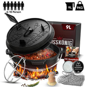 9 L ohne Füße Klassisch Dutch Oven Set – inkl. Deckelheber + Edelstahl-Untersetzer + Ringreiniger + Bürste + Pflegepaste + Rezeptbuch + Gebrauchsanweisung– Schmortopf Doppelfunktion [für 6 -10 Personen]