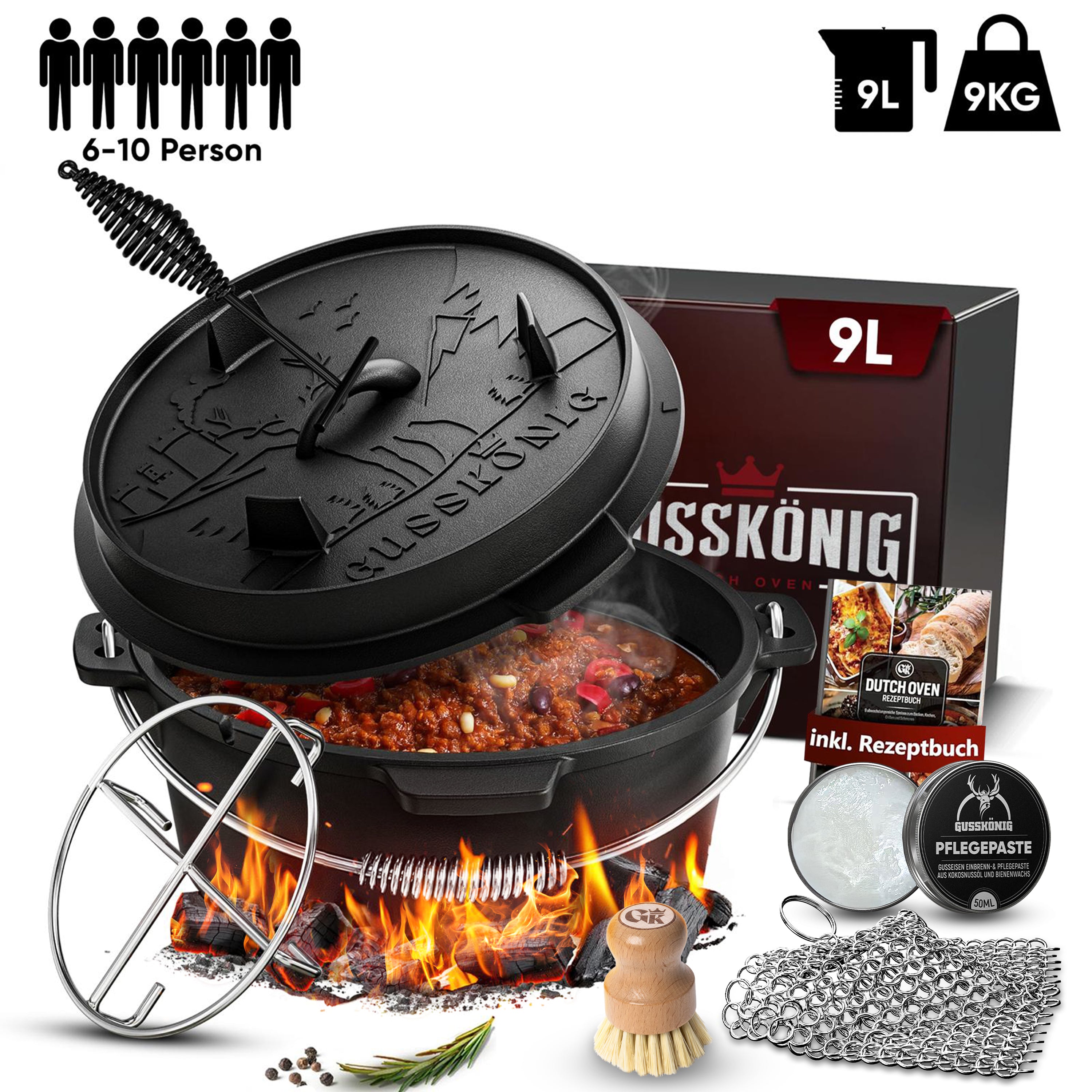 9 L ohne Füße Klassisch Dutch Oven Set – inkl. Deckelheber + Edelstahl-Untersetzer + Ringreiniger + Bürste + Pflegepaste + Rezeptbuch + Gebrauchsanweisung– Schmortopf Doppelfunktion [für 6 -10 Personen]