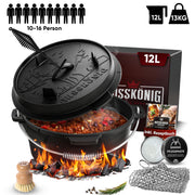 12 L mit Füße Klassisch Dutch Oven Set – inkl. Deckelheber + Ringreiniger + Bürste + Pflegepaste + Rezeptbuch + Gebrauchsanweisung – Schmortopf Doppelfunktion [für 10 - 16 Personen]