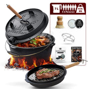 7 L ohne Füße  Eingebrannter Dutch Oven Set – inkl. 2in1 Deckelheber + Untersetzer + Bürste + Pflegepaste + Rezeptbuch + Gebrauchsanweisung – Schmortopf Doppelfunktion [für 3–6 Personen]