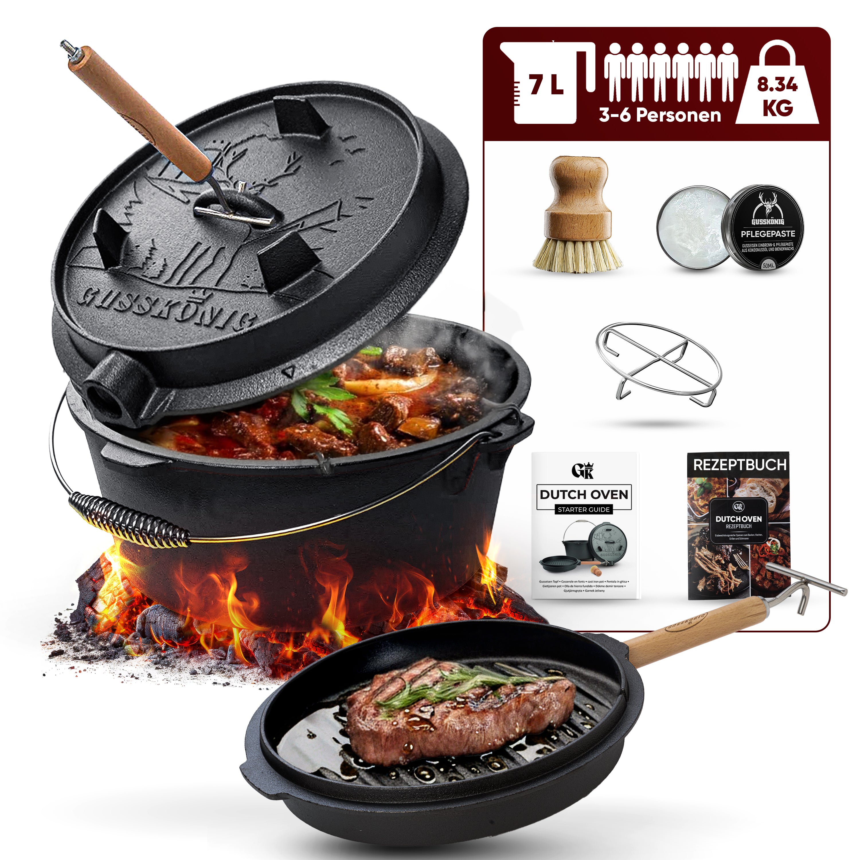 7 L ohne Füße  Eingebrannter Dutch Oven Set – inkl. 2in1 Deckelheber + Untersetzer + Bürste + Pflegepaste + Rezeptbuch + Gebrauchsanweisung – Schmortopf Doppelfunktion [für 3–6 Personen]