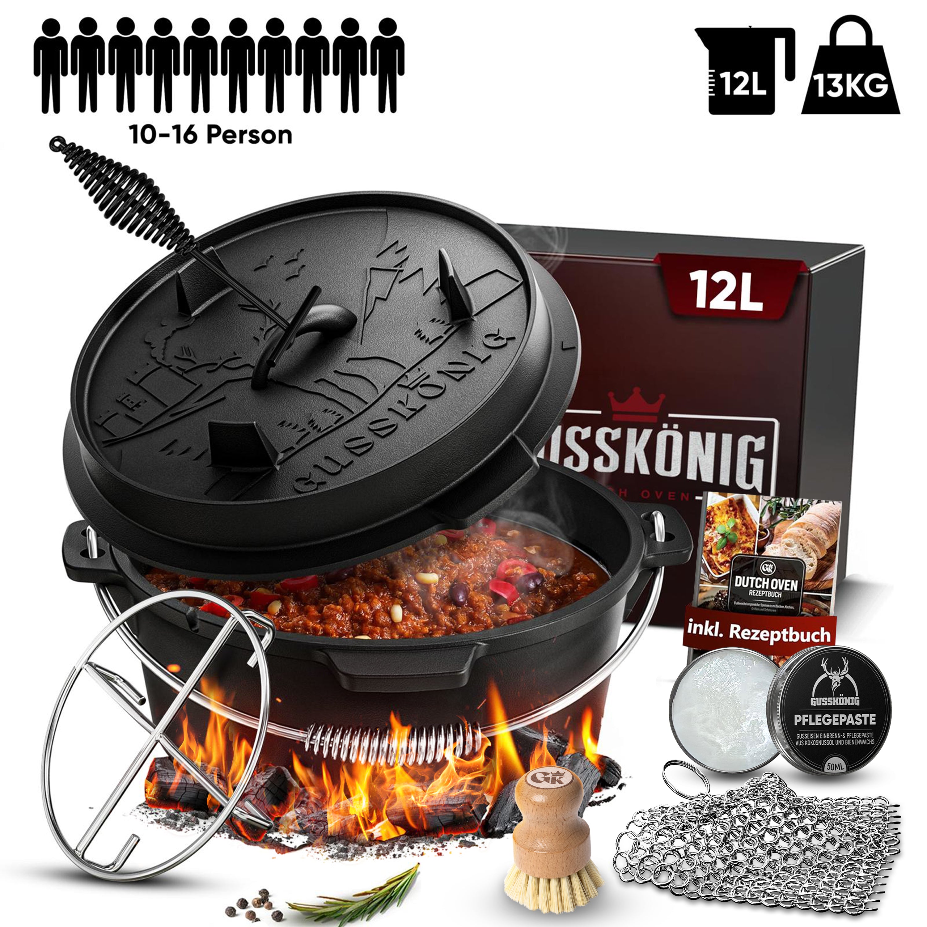 12 L ohne Füße Klassisch Dutch Oven Set – inkl. Deckelheber + Edelstahl-Untersetzer + Ringreiniger + Bürste + Pflegepaste + Rezeptbuch + Gebrauchsanweisung– Schmortopf Doppelfunktion [für 10 -16 Personen]