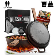 2in1 Pfanne Set – Gusseisen Topf 3L & Gusspfanne 1,5L – inkl. Ringreiniger + Pflegepaste + Echtleder-Griffe + Rezeptbuch + Gebrauchsanweisung – Schmortopf Doppelfunktion [für 2 - 4 Personen]