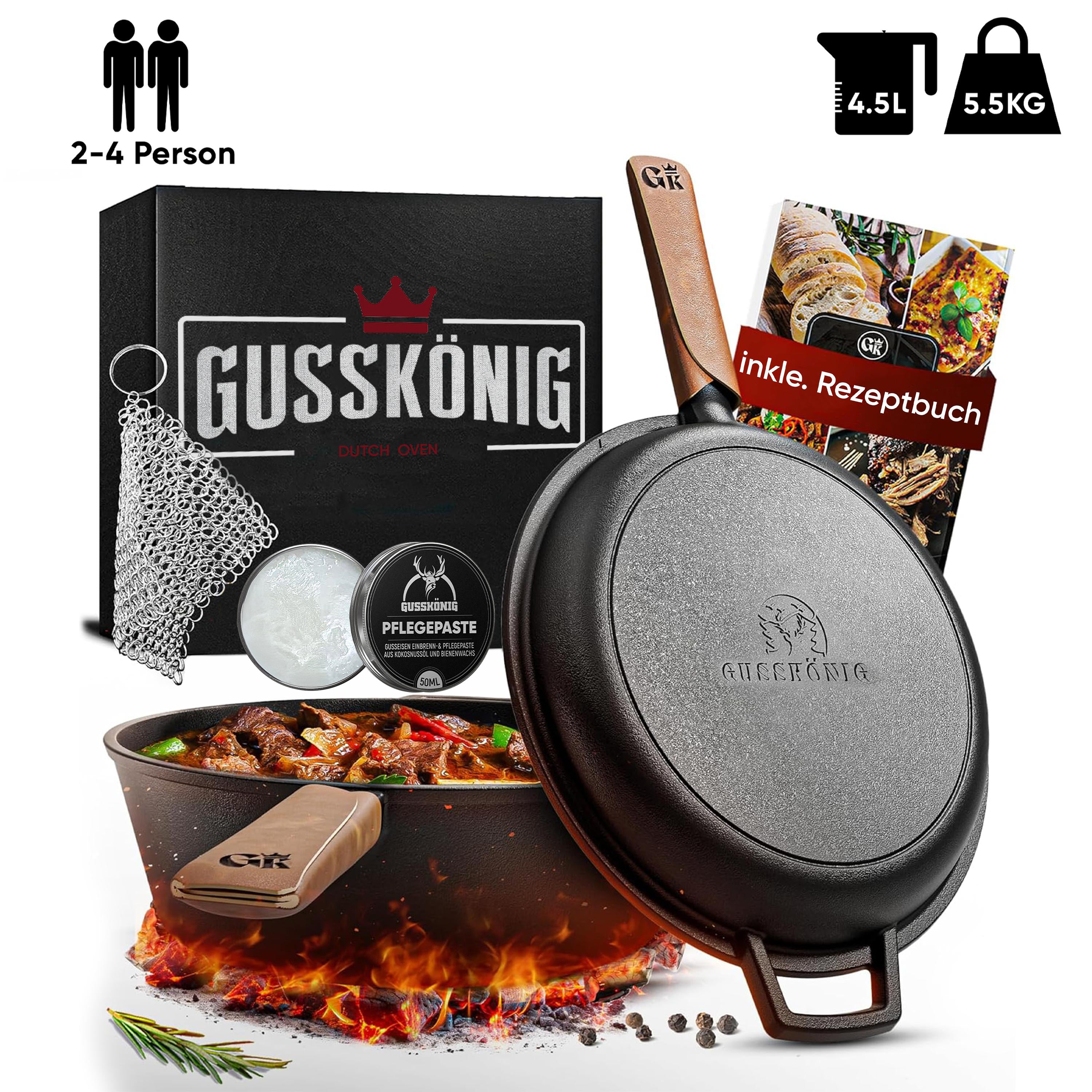 2in1 Pfanne Set – Gusseisen Topf 3L & Gusspfanne 1,5L – inkl. Ringreiniger + Pflegepaste + Echtleder-Griffe + Rezeptbuch + Gebrauchsanweisung – Schmortopf Doppelfunktion [für 2 - 4 Personen]